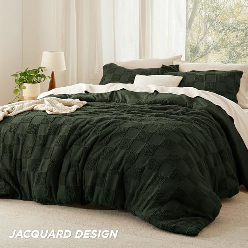 Bedsure King Size Comforter Set Dark Olive Green, Boho Tufted Bed Set, Checkered Farmhouse Shabby Chic Bedding, 3 Pieces, 1 Plaid Geometric Comforter and 2 Pillow Shams Bedsure