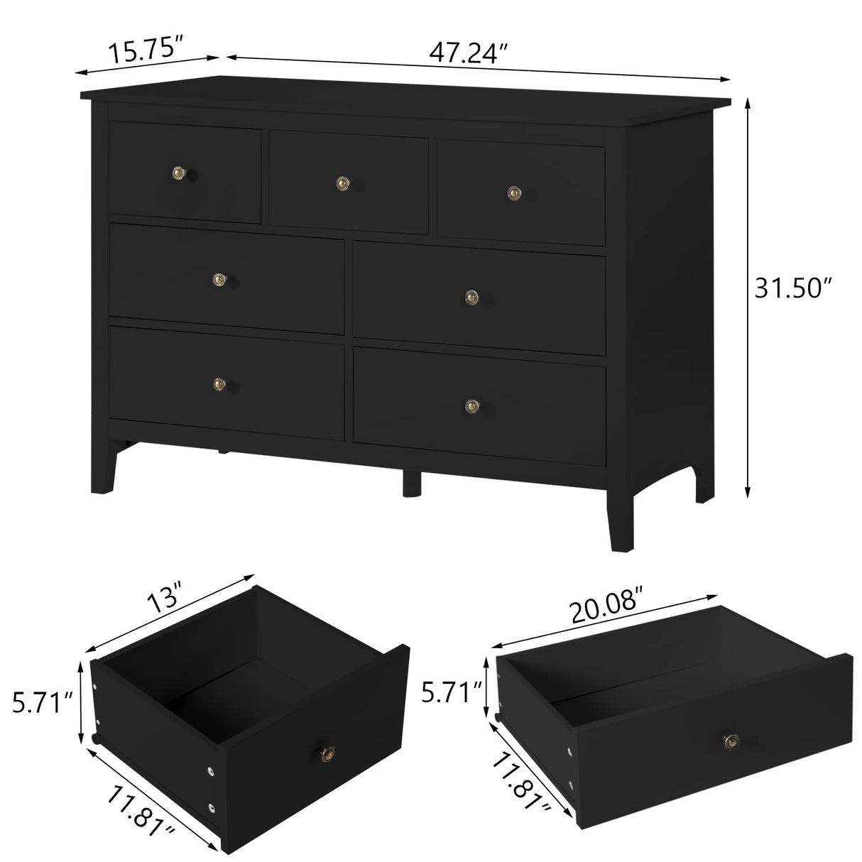 Vikiullf Black Dresser - Modern Dresser for Bedroom, Wooden 7 Drawer Dresser, Storage Cabinet for Bedroom,Living Room, Hallway, Entryway Vikiullf