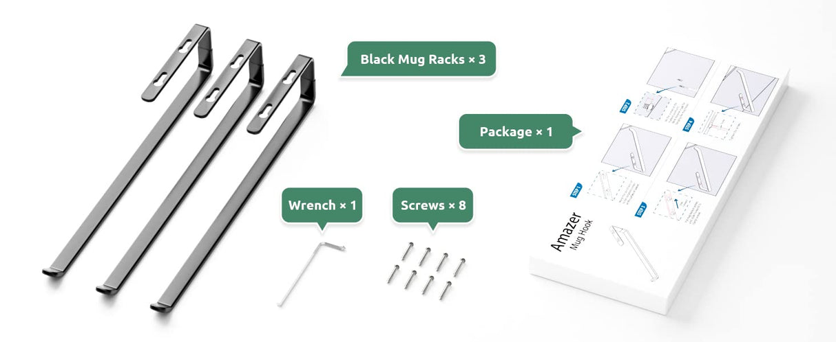 Amazer Coffee Mug Holder Under Cabinet 3 Pack, Metal Sturdy Mug Rack Under Shelf Organizer, Display Hanging Cup Storage Hooks for Bar Kitchen Utensils/Wine Glasses/Tea Cup, Black Amazer