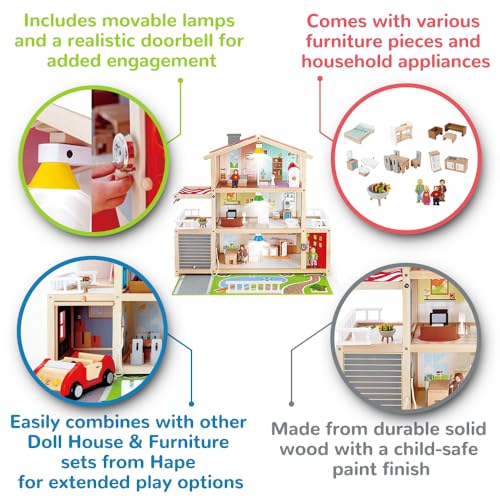 Hape Doll Family Mansion| Award Winning 10 Bedroom Doll House, Wooden Play Mansion with Accessories for Ages 3+ Years Multicolor, L: 31.6, W: 11.4, H: 28.4 inch Hape