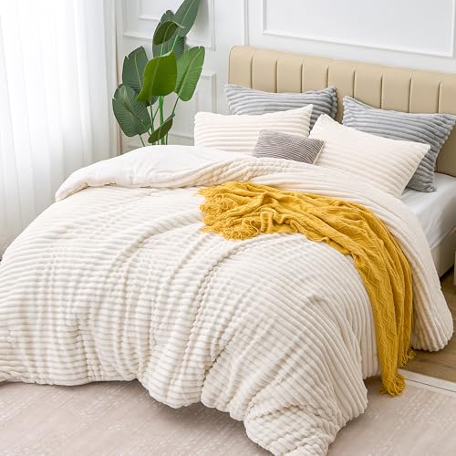 BEDELITE Fleece Full Comforter Set -Super Soft & Warm Fluffy Cream White Bedding, Luxury Fuzzy Heavy Bed Set for Winter with 2 Pillow Cases BEDELITE