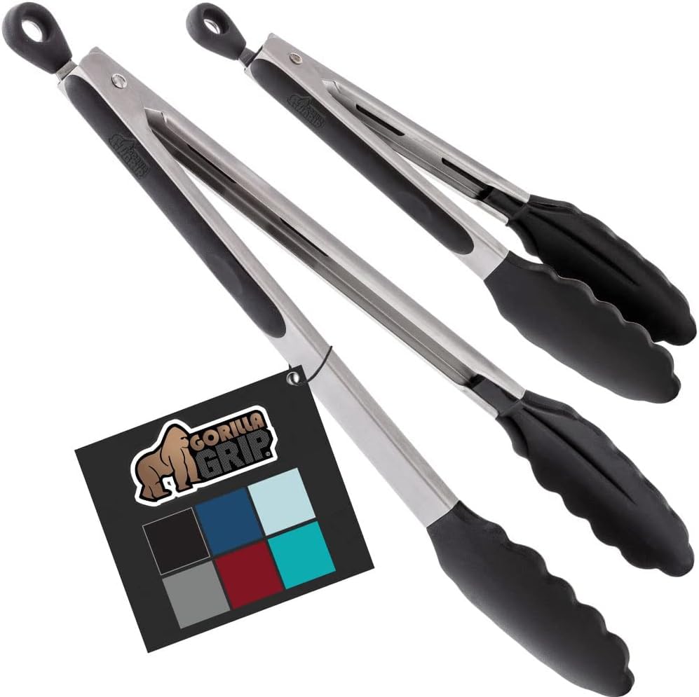 Gorilla Grip Stainless Steel Heat Resistant Kitchen Tongs for Cooking, 9 + 12 Inch, Set of 2 BBQ Tong, Non Scratch Silicone Tip for Pan, Strong Grip, Grab Food, Toss Salad, Air Fryer, Pull Lock, Black Gorilla Grip
