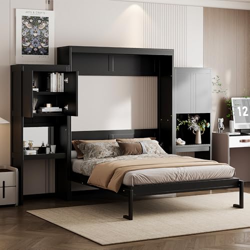 Quarte Queen Size Murphy Bed with Cabinet, Desk & Vanity - Space-Saving Wall Bed Furniture for Small Rooms,Multi-Functional Fold-Down Bed with Storage (Espresso#V) Quarte