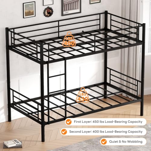 NestLude Metal Bunk Bed Twin Over Twin with Ladders & Guardrail, Industrial Beds Frame Heavy Duty 2 in 1, Space-Saving for Bedroom, Dormitory (Black) NestLude