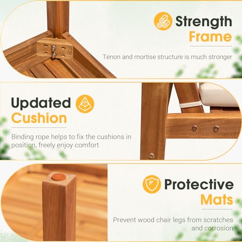 Greesum Outdoor Patio Furniture, 4 Piece Bistro Sofa Set with Coffee Table and Loveseat, Acacia Wood Conversation Sets with Cushions, for Garden, Backyard, Poolside, White Greesum