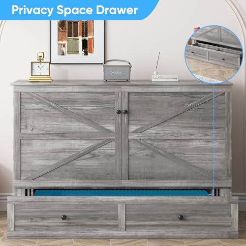 Mjkone Murphy Bed, Cabinet Murphy Bed with Tri-Fold Memory Foam Mattress, Farmhouse Wooden Cabinet Beds with USB Charging Station and 2 Storage Drawers for Bedroom/Office/Guest Room-Gray, Queen Mjkone