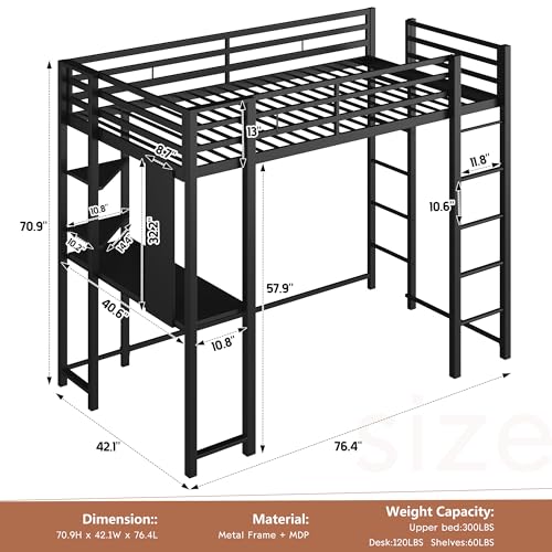 Shintenchi Loft Bed Twin Size with Desk and Storage Shelves, Frame with 2 Side Ladders for Kids, Teens Adults, Spcace-Saving Noise-Free and Anti-tilt Design, Black Shintenchi