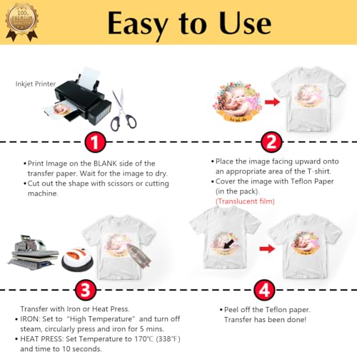 TransOurDream Upgraded Iron on Heat Transfer Paper for T Shirts (20 Sheets, 8.5x11) Iron on Transfers for Light Fabric Printable Heat Transfer Vinyl for Inkjet Printer (TOD-4) TransOurDream