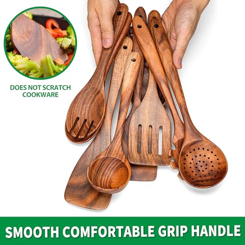 Wooden Spoons for Cooking, Acacia Wood Cooking Utensils Set – 11 Piece Wooden Kitchen Tools with Holder, Spoon Rest, Nonstick Cookware Safe by HOWHONG HOWHONG