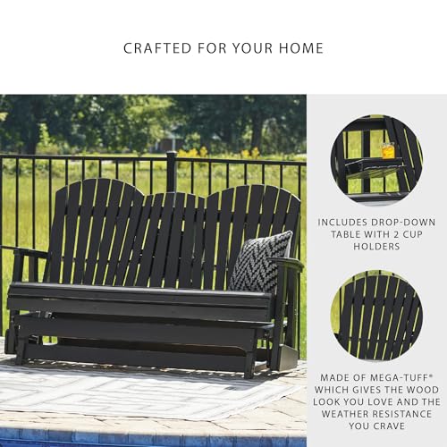 Signature Design by Ashley Hyland Wave Modern Weather Resistant HDPE Outdoor Glider Loveseat with Drop Down Table and 2 Cup Holders, Black Signature Design by Ashley