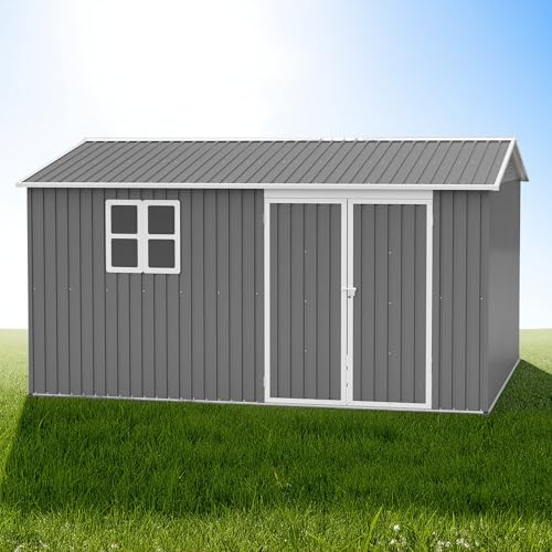 KMBOHE 12x10 FT Outdoor Metal Storage Shed, Large Garden Tool Sheds with Lockable Doors, Waterproof Steel Utility Storage Building, Heavy Duty Equipment Shed for Backyard Patio Lawn Garden, Grey KMBOHE
