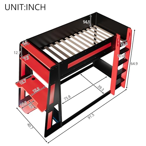 Twin Size Gaming Bunk Bed with Desk & LED Light & Charging Station,Twin over Twin Wood Loft Bed Frame with 2 Storage Shelves & Safety Guardrails & Ladder for PC & Console Gamers Bedroom,Black Red FUvellamo