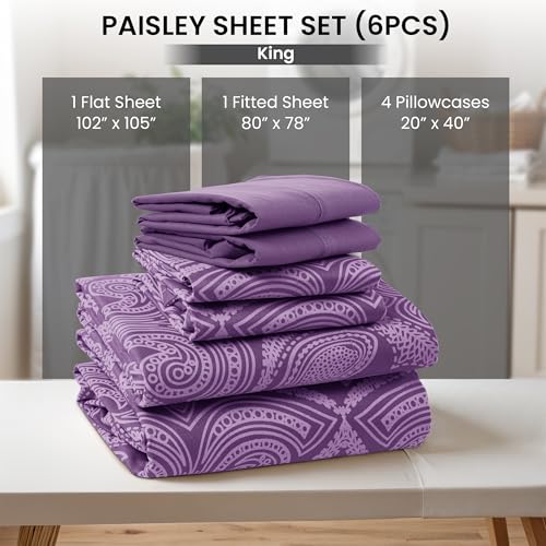 Ultra Soft Wrinkle-Free Microfiber Paisley King Sheet Set, Breathable Boho Bed Sheet Set – 16" Deep Pocket Fitted Sheet, Flat Sheet & 4 Pillowcases, Juegos de Sábanas, OEKO-TEX - Purple LDC LUX DECOR COLLECTION