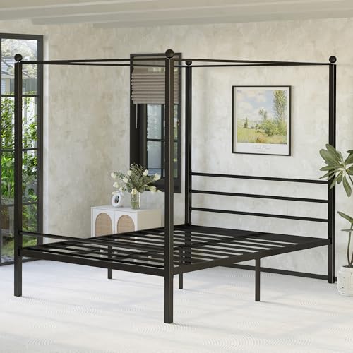 Lutown-Teen King Size Canopy Bed Frame, Four Poster Metal Canopy King Size Bed Frame, Heavy Duty Mattress Foundation with Underbed Storage, No Box Spring Needed, Easy Assembly, Black