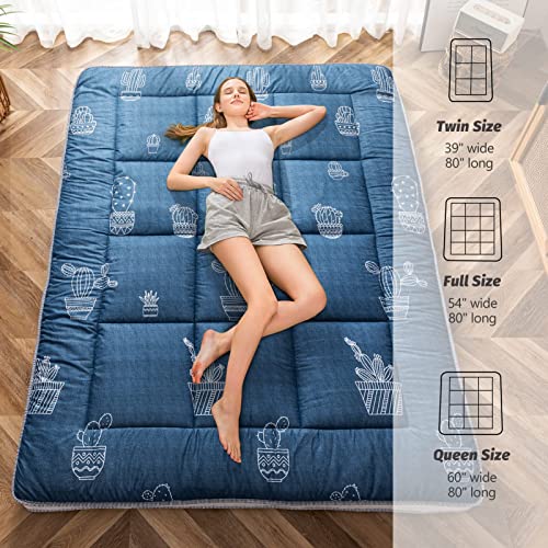 MAXYOYO Grey Cactus Pattern Queen Size Futon Mattress, Quilted Bed Mattress Topper, Extra Thick Folding Sleeping Pad, Breathable Floor Lounger, Guest Bed for Camping, Couch MAXYOYO