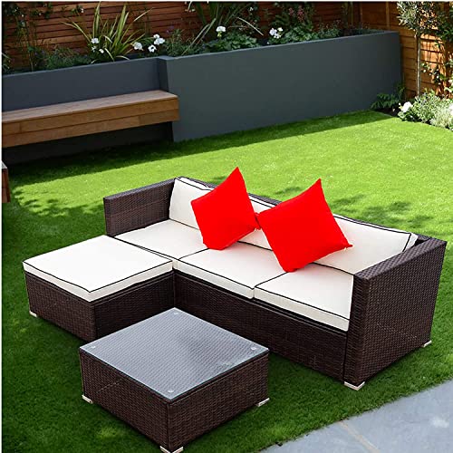 GAOPAN 3 Piece Outdoor Patio Conversation Sectional Couches Furniture Set, Rattan Wicker Garden Corner Sofas with Tempered Glass Top Coffee Table and Removable Soft Cushion, Beige+Brown GAOPAN
