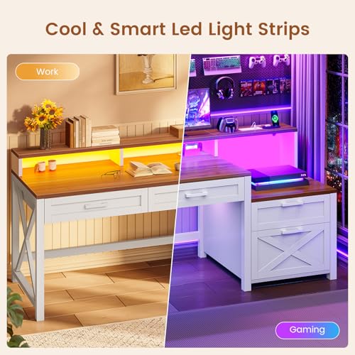 SEDETA Farmhouse Home Office Desk with File Drawer & Power Outlet, Computer Desk with 4 Drawer, Storage Shelves, Printer Cabinet and Monitor Shelf, Gaming Desk with Led Lights, White SEDETA
