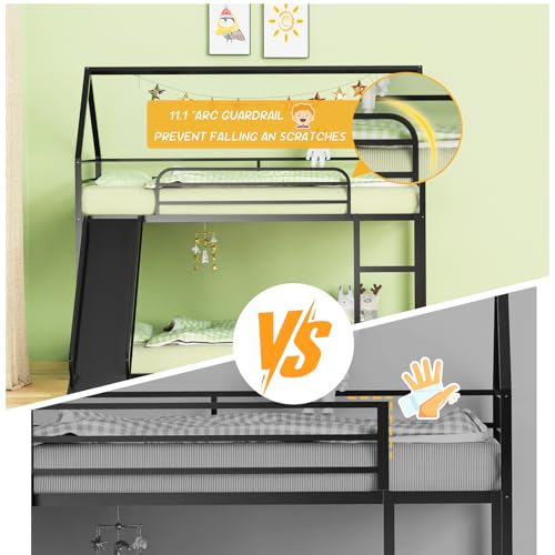 Varmsteda Bunk Bed Twin Over Twin for Kids with Slide and Ladder, Metal Floor Bunk Bed Frame with Full-Length Guardrail, Space-Saving Bunk Beds, Black Varmsteda