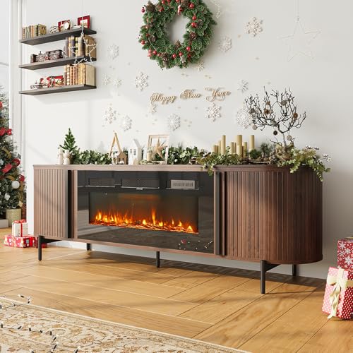 Nordivale Luxury 70" Fluted Fireplace TV Stand, Modern Chic Entertainment Center for TVs Up to 80", TV Console for Living Room, Media Cabinet with Storage,70 Inch, Brown Nordivale