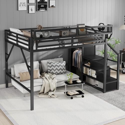 KEIKI Queen Size Metal Loft Bed Frame with Convertible Staircase, Built-in Storage Shelves and Wardrobe, Loft Bed with Solid Slats, Guardrail, No Box Spring Required, Easy Assembly, for Bedroom, Black KEIKI