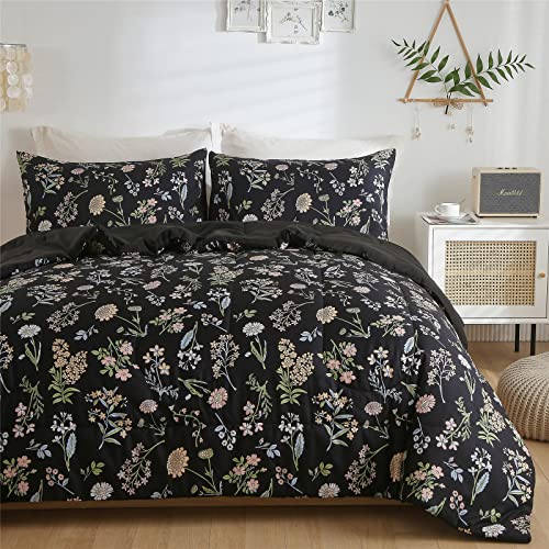 Floral Comforter Set Queen Size, Yellow Green Botanical Flower Leaves Printed Comforter for Kids Teen Women, 3 Piece Soft Microfiber Bedding Set with 2 Pillow Cases for All Season(Black,Queen) KAKIJUMN