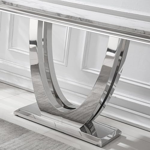 White Marble Console Table with Mirrored Stainless Steel U-Shaped Base, Faux Marble Top, Modern Design for Entryway, Hallway, Living Room, Silver Kootlena