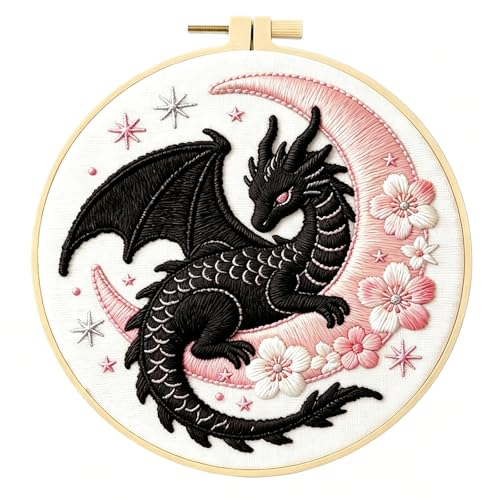 Zhenqing Black Dragon and Pink Moon Embroidery Kit, Fantasy Mystical Craft Set with 20cm Hoop, Printed Design on 29x29cm Cotton Fabric, DIY Gothic Art (JC0067)