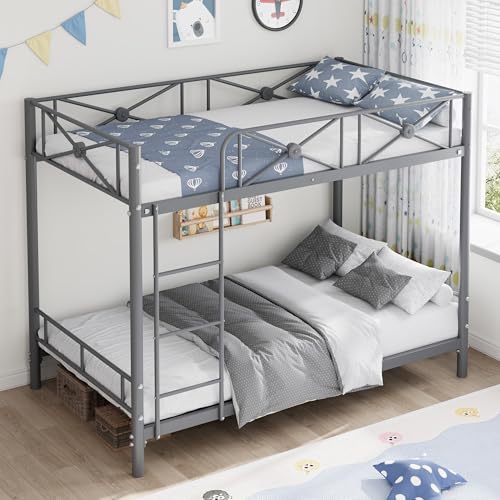 IDEALHOUSE Metal Bunk Bed Twin Over Twin, Modern Heavy Duty Bunkbeds with Safety Guard Rails & Space-Saving Design, Steel Twin Bunk Beds for School, Bedroom, Grey IDEALHOUSE