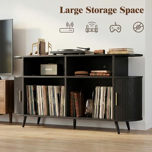55” Mid Century Record Player Stand, Round Record Storage Cabinet with Charging Station, Turntable Stand Holds up to 300+ Albums, Large Vinyl Record Player Shelf for Media Stereo Audio, Black Quelthar