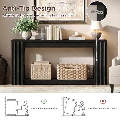 Maupvit Fluted Wooden Console Table with 2 Storage, 71 Inches Rectangular Entryway Table Behind The Couch, Farmhouse Boho Sofa Table for Entrance, Hallway, Living Room (Black) Maupvit