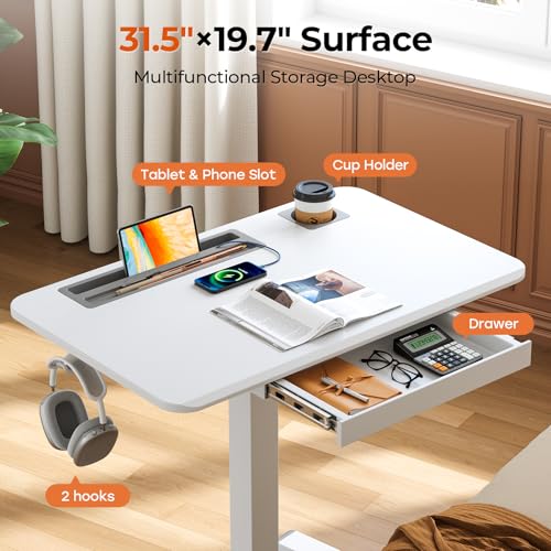 JYLH JOYSEEKER Mobile Standing Desk with Drawer, 32" Rolling Desk with Cup Holder and Hooks, Portable Laptop Cart on Wheels, Height Adjustable Workstation with Storage for Home Office, White JYLH JOYSEEKER
