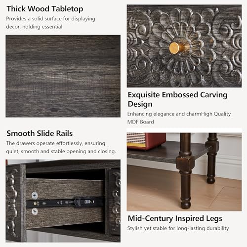 weselon 55.5" Carved Console Table with 3 Drawers, 2-Tier Sofa Table with Glossy Floral Surface and Solid Wood Legs, Mid-Century Modern Entryway Table for Living Room Hallway (Antique Black-Brown) weselon