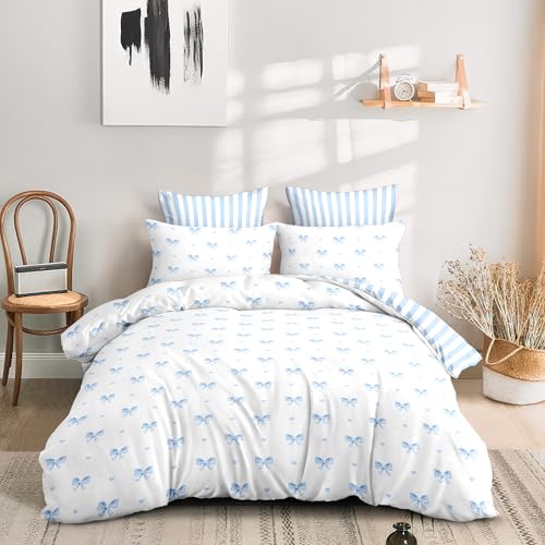 Sedefen Bow Comforter Set Twin Size Blue Striped Bedding Set Kids Girls Stripe Princess Style Bowknot Heart Reversible Soft Lightweight Comforter 2 Pieces (1 Comforter, 1 Pillowcase) Sedefen