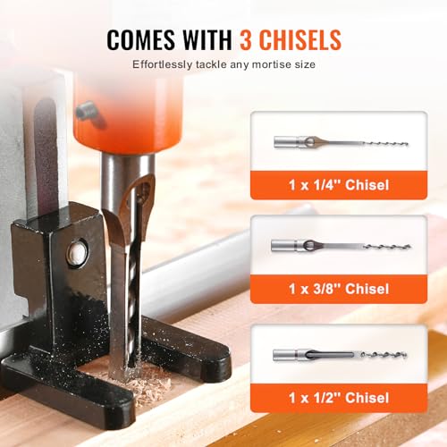 VEVOR Benchtop Mortise Machine, 370W, 1725 RPM Woodworking Mortising Machine, with 1/4-Inch 3/8-Inch 1/2-Inch Chisels Wooden Workbench, for Making VEVOR