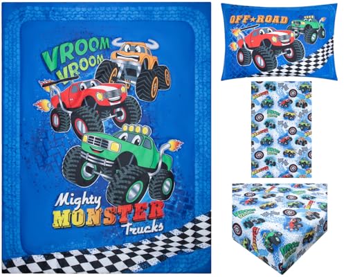 Todays Kids Monster Trucks Toddler Bedding Set for Boys - 4-Piece Toddler Bed Comforter Sets for Boys, Reversible Comforter & Pillowcase, Flat Sheet, Fitted Sheet, Breathable & Super Soft Microfiber Todays Kids