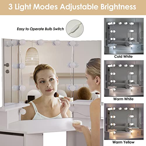 Vabches Corner Vanity Desk with Lighted Mirror & Power Strip,White Makeup Vanity Table with Lights,42 inch Corner Vanity Mirror with Lights and 4 Drawer, 3 Lighting Modes, Brightness Adjustable Vabches