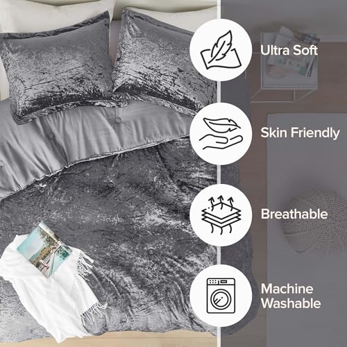 Comfort Spaces Juliette Luxe Comforter Set Velvet Lush with Soft Brushed Microfiber Reverse, All Season Cozy Velvet Bedding Sets, Fluffy Comforter Bed Set, Matching Sham, Grey Twin/Twin XL 2 Piece Comfort Spaces