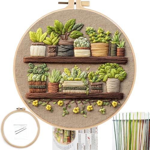 FONNUY Green Plant Embroidery Kit, Petite Potted Plants Patterns, Cross Stitch Kits for Adults and Beginners, Handmade Crafts with Printed Pattern Set, Thread Needlework, 8'' Hoop (Green A01)