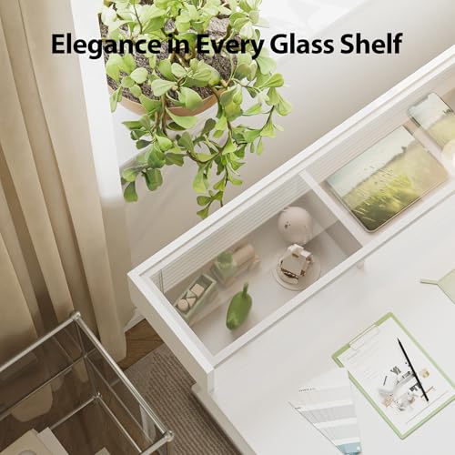 Agilestic Glass Standing Desk with Storage, 48 Inch Electric Adjustable Desk with Glass Shelf, Sit Stand Up Home Office Computer Table, Splice Board, White Agilestic