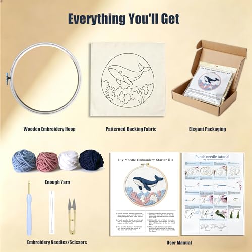 AohaiNova Punch Needle Kits for Adults Beginner,Punch Needle Starter Kit Easy,Embroidery Punch Needling Kits,DIY Punchneedle Kit All Supplies with Wooden Hoop/Patterns/Yarns/Instruction (07-Rose)