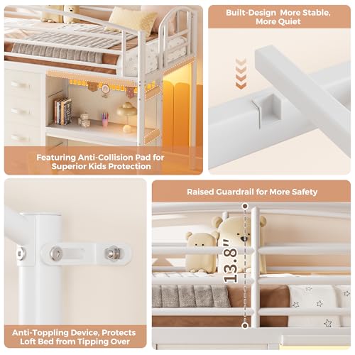 Low Loft Bed Twin Size with 7 Storage Drawers, Desk and LED Lights, Heavy Duty Metal Kids Loft Bed with 12" H Safety Guardrail, Anti-Collision Pad, Private Play Curtain, Under-Bed Play Space (White) Jocoevol