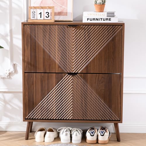 oakvivo Shoe Cabinet Storage, Farmhouse Freestanding Organizer with 2 Flip Drawers and 4 Wooden feet, Narrow Shoe Rack Cabinet for Entryway, Foyer, Hallway, Walnut oakvivo