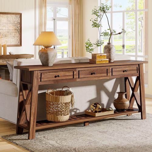 Tribesigns Console Table with 3 Storage Drawers, 70.87 Inches Extra Long Sofa Table Behind Couch with Bottom Shelf, Farmhouse Wooden Entryway Hallway Foyer Table for Living Room, Entrance (Walnut) Tribesigns