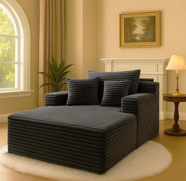 COMHOMA 67" Oversized Chaise Lounge Chair with 3 Comfy Pillows,Upholstered Sofa Bed Sleeper Couch Wide Arms Corduroy Fabric High-Density Foam for Living Room No Assembly Required,Dark Grey COMHOMA