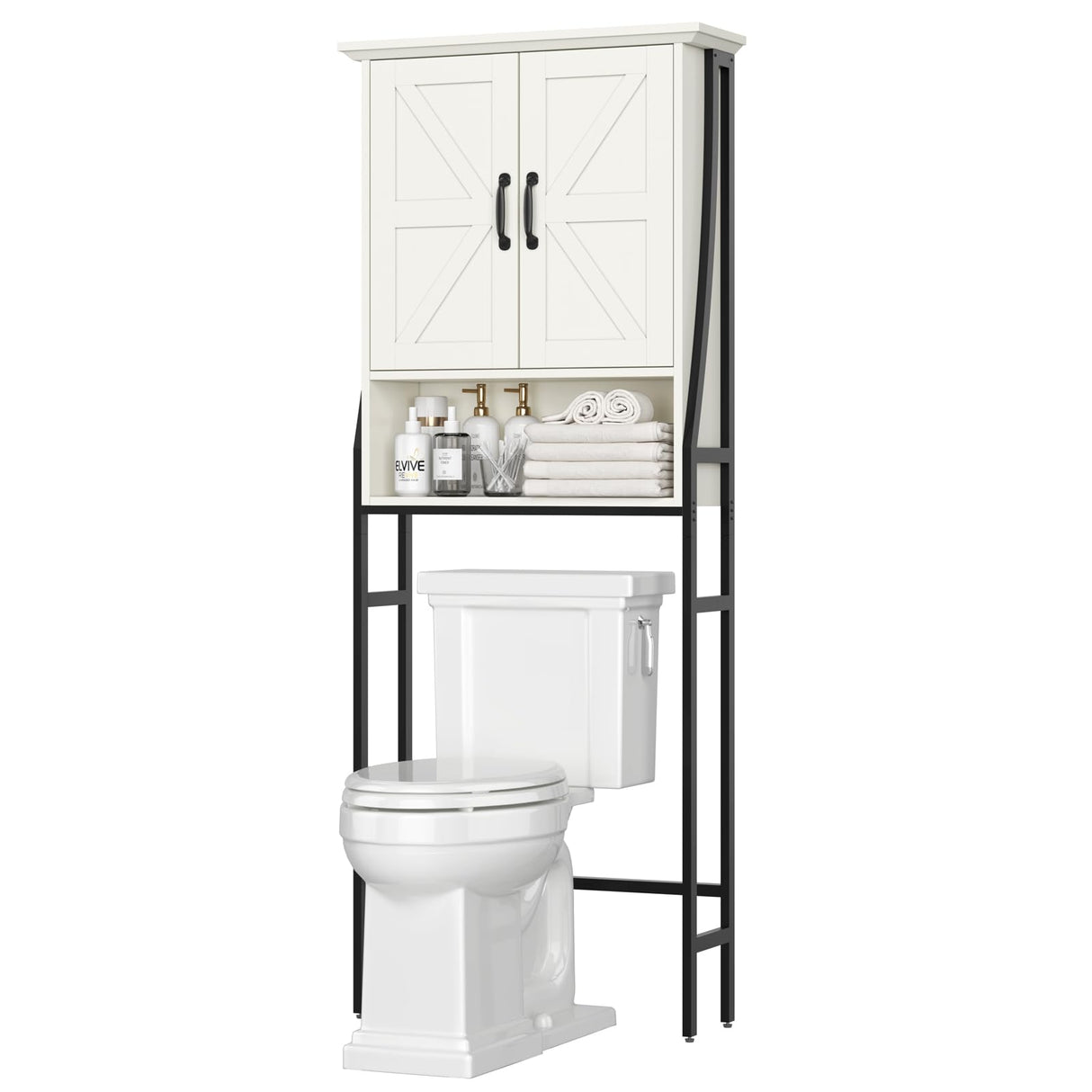 MXARLTR Over The Toilet Storage Cabinet, Over Toilet Bathroom Organizer, Above Toilet Storage Cabinet with Barn Doors Behind Toilet Bathroom Organizer Over-The-Toilet Cabinet (Cream White) MXARLTR