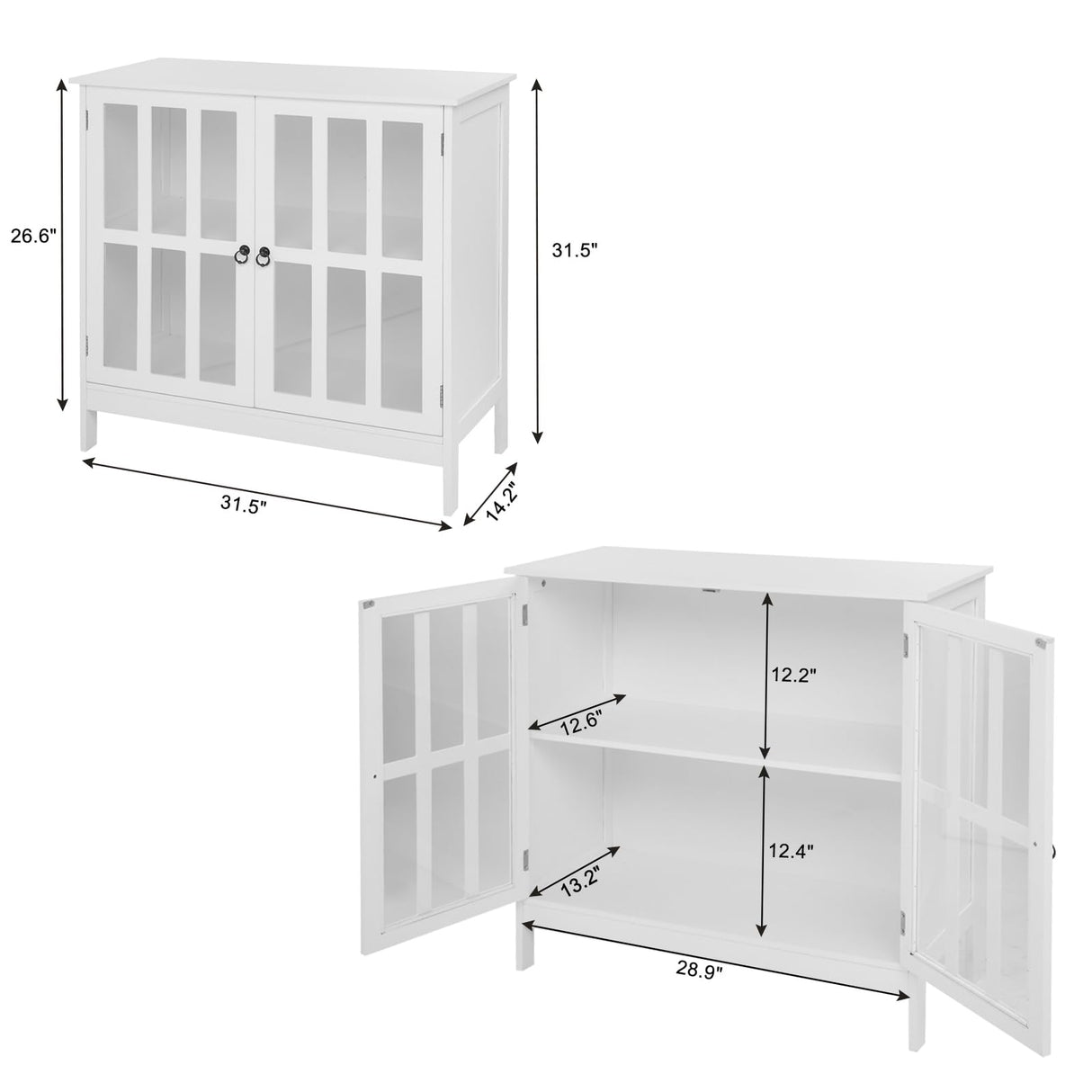 Double Door Side Cabinet,Sideboard Buffet Storage Cabinet, Kitchen Storage Cabinet with 2 Glass Doors, Liquor Cabinet for Home Kitchen Dining Room, Cupboard Console Table, Curio Cabinet (White) Shyneer
