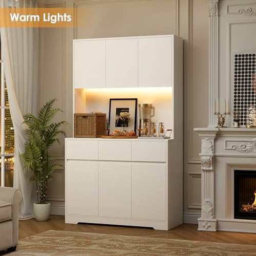 finetones 71'' Tall Kitchen Pantry Storage Cabinet with Power Outlets and Led Lights, Large Kitchen Hutch Buffet Cabinet with Microwave Stand, Pantry Cabinet Kitchen Cabinet with Buffet Cupboard finetones