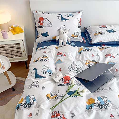 Dinosaur Kids Duvet Cover Set Twin, 100% Cotton Dino Truck Car Bedding Set for Boys Girls Toddler, 2 Pieces Reversible Dinosaur Comforter Cover Set (1 Duvet Cover+1 Pillowcase) DJY