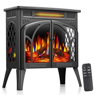ZAFRO 24" Freestanding Electric Fireplace Stove with Remote Control, Fireplace Heater with Adjustable Flame Color and Brightness, Timer/Sleep Mode/Overheat Protection for Bedroom, Living Room(Black)