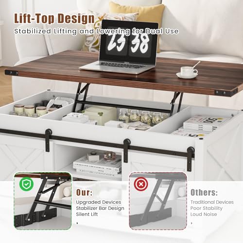 ALLSTAND 48" Farmhouse Lift Top Coffee Table with Storage Sliding Barn Door & Large Hidden Compartment, Coffee Table with Lifting Top with Wooden Lift Tabletop, Storage Coffee Table for Living Room ALLSTAND